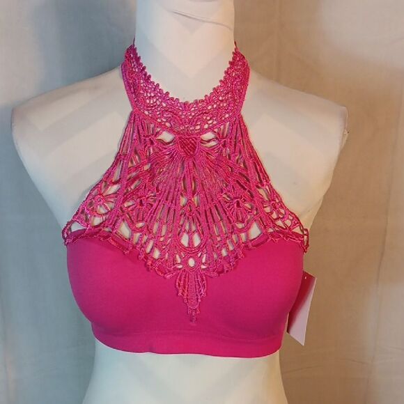 Chic Pink Crochet Halter Bralette - Picture 1 of 9
